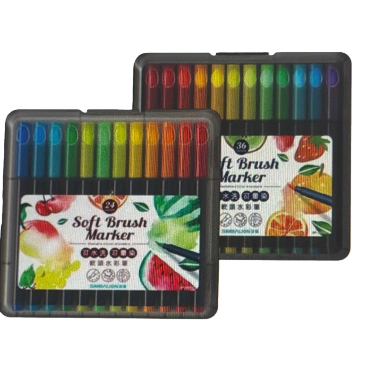 Black plastic box of soft-tipped watercolor pens, 24-color and 36-color set, fruit pattern Soft Brush Marker Item Picture
