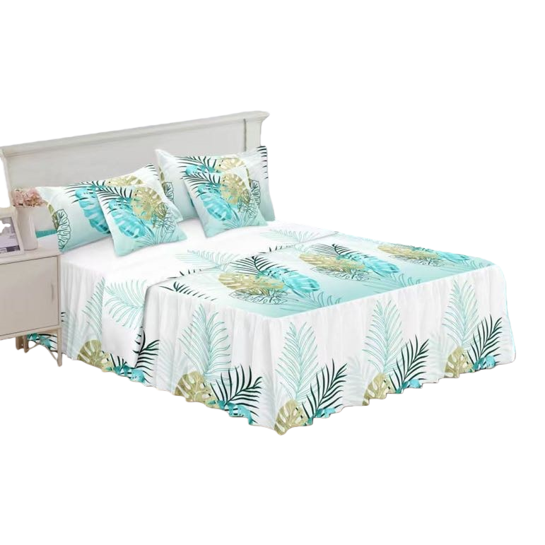 Blue-green tropical plant pattern bedding set of four pieces: bed sheet, duvet cover and pillowcase Item Picture