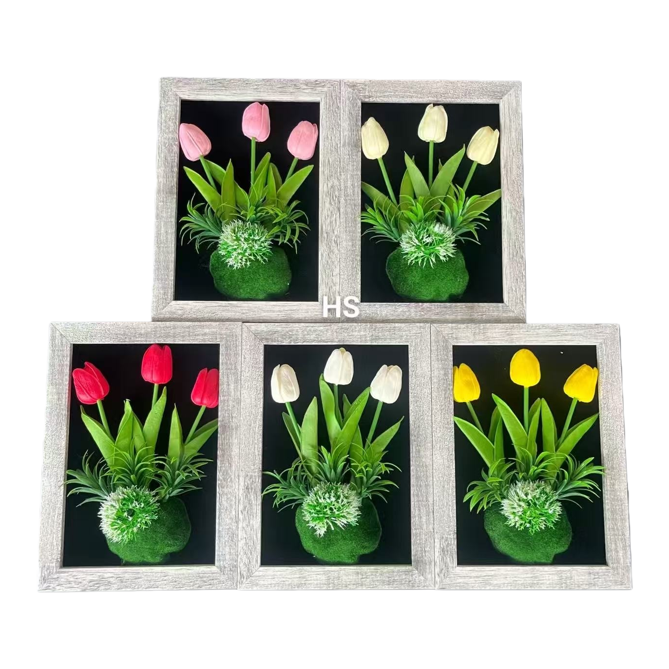 Grey photo frame three-headed tulip decorative item, artistic arrangement for the living room, bedroom and table Item Picture