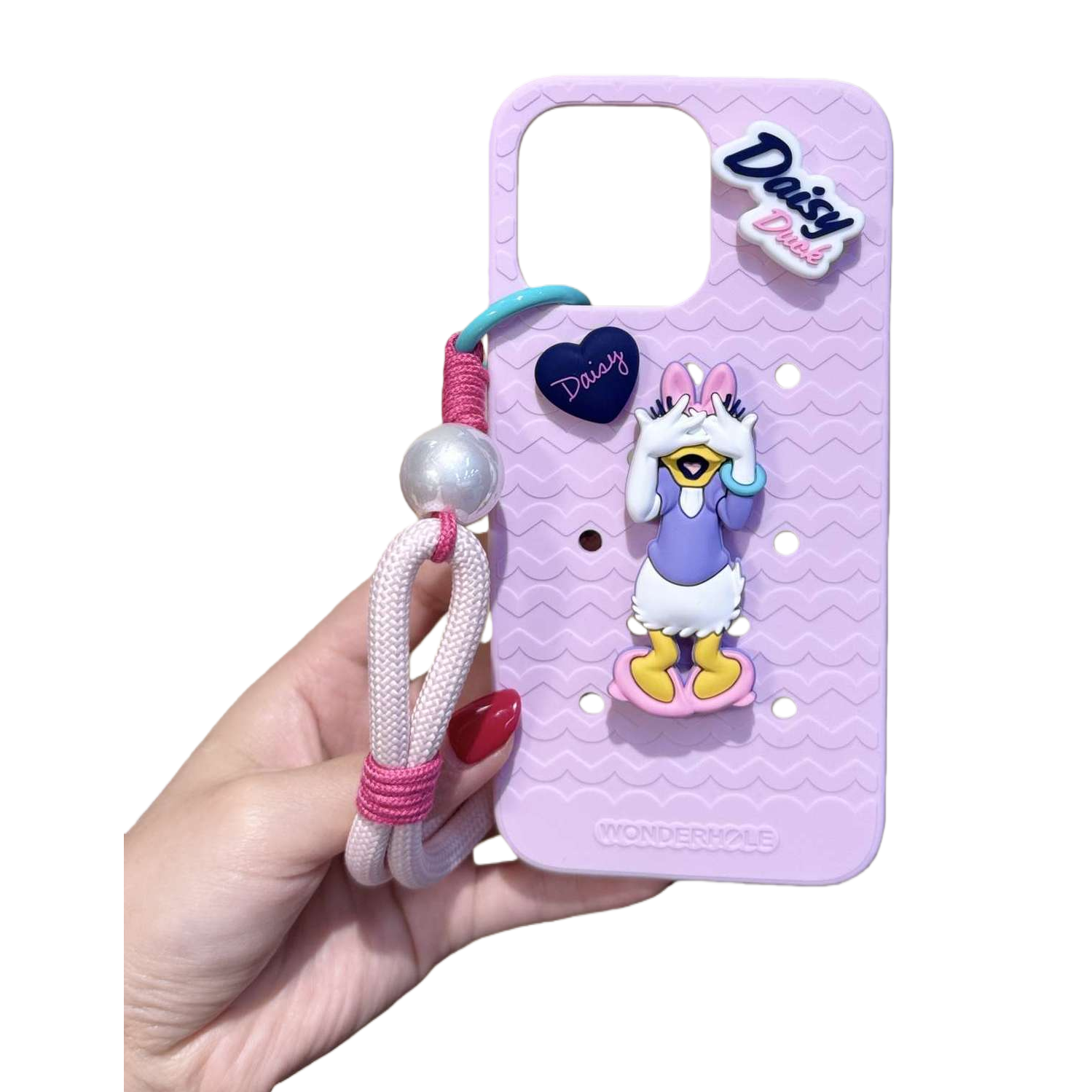 Daisy pink phone case, wavy heart-shaped Daisy sticker woven lanyard Item Picture