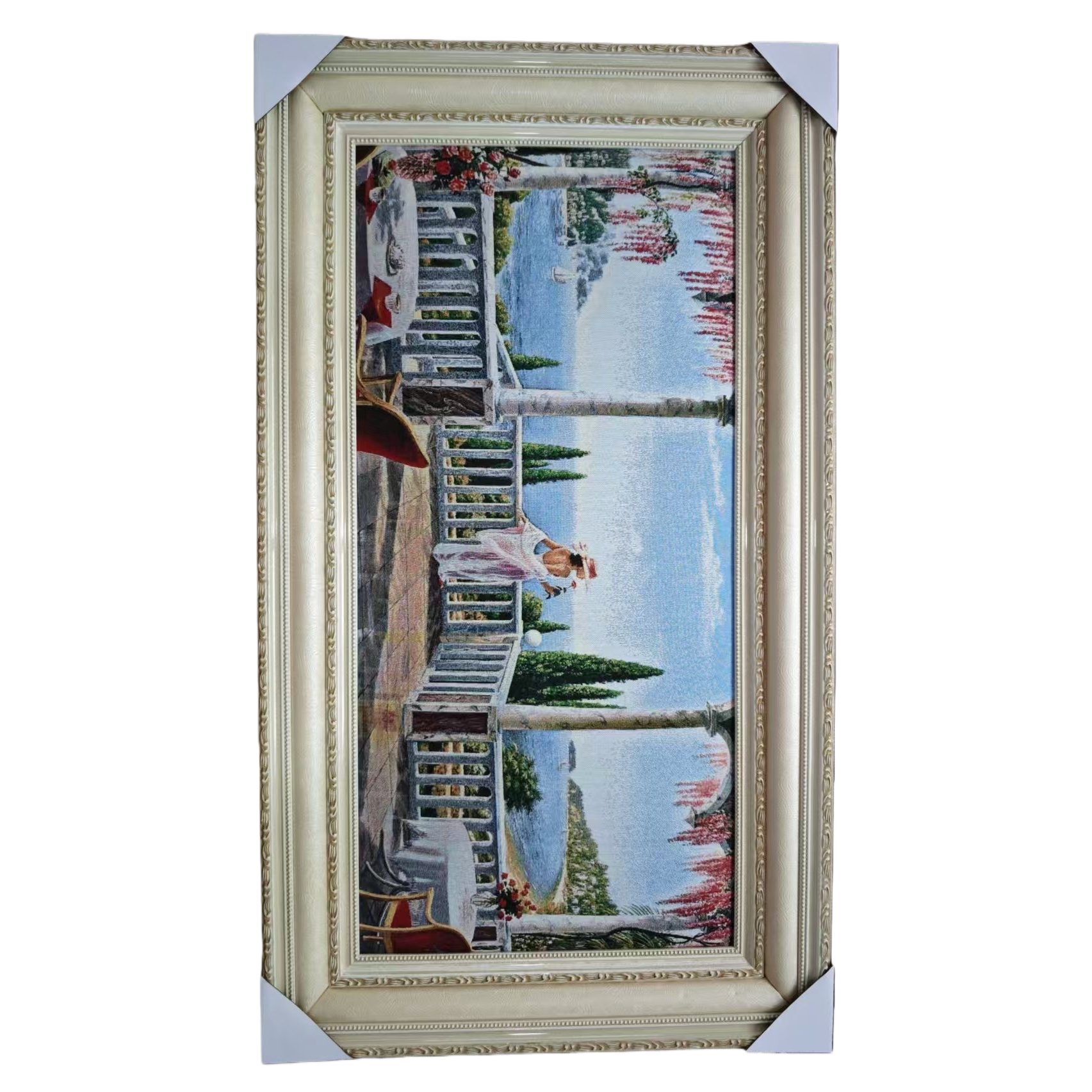 The soft furnishings for the living room and bedroom are decorated with beige carved picture frames and landscape embroidery paintings Item Picture