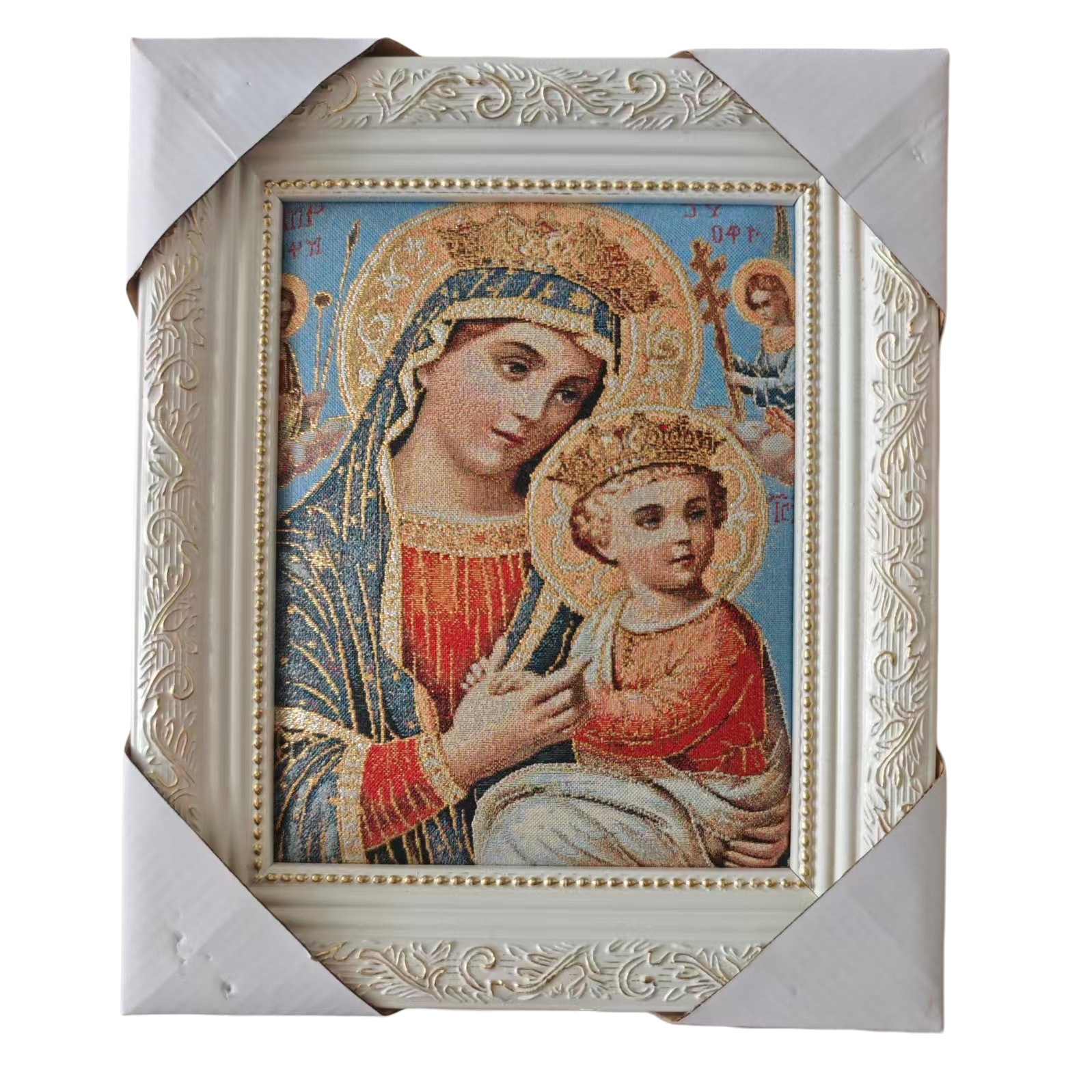 The white carved photo frame is decorated with a religious brocade painting of the Virgin and Child, hanging a painter's home ornament Item Picture