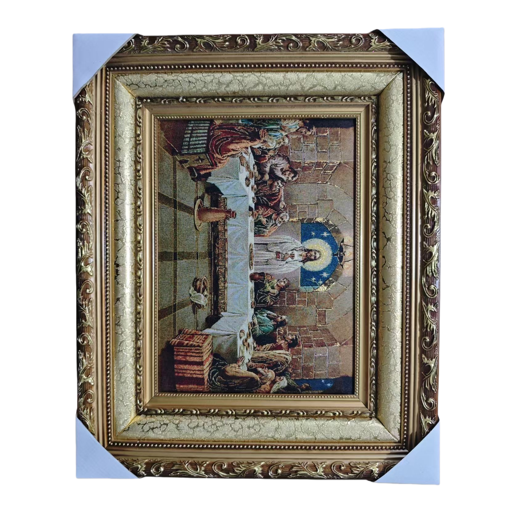 The golden carved photo frame is set with a religious brocade painting of the Last Supper, an arched window and a starry sky background Item Picture