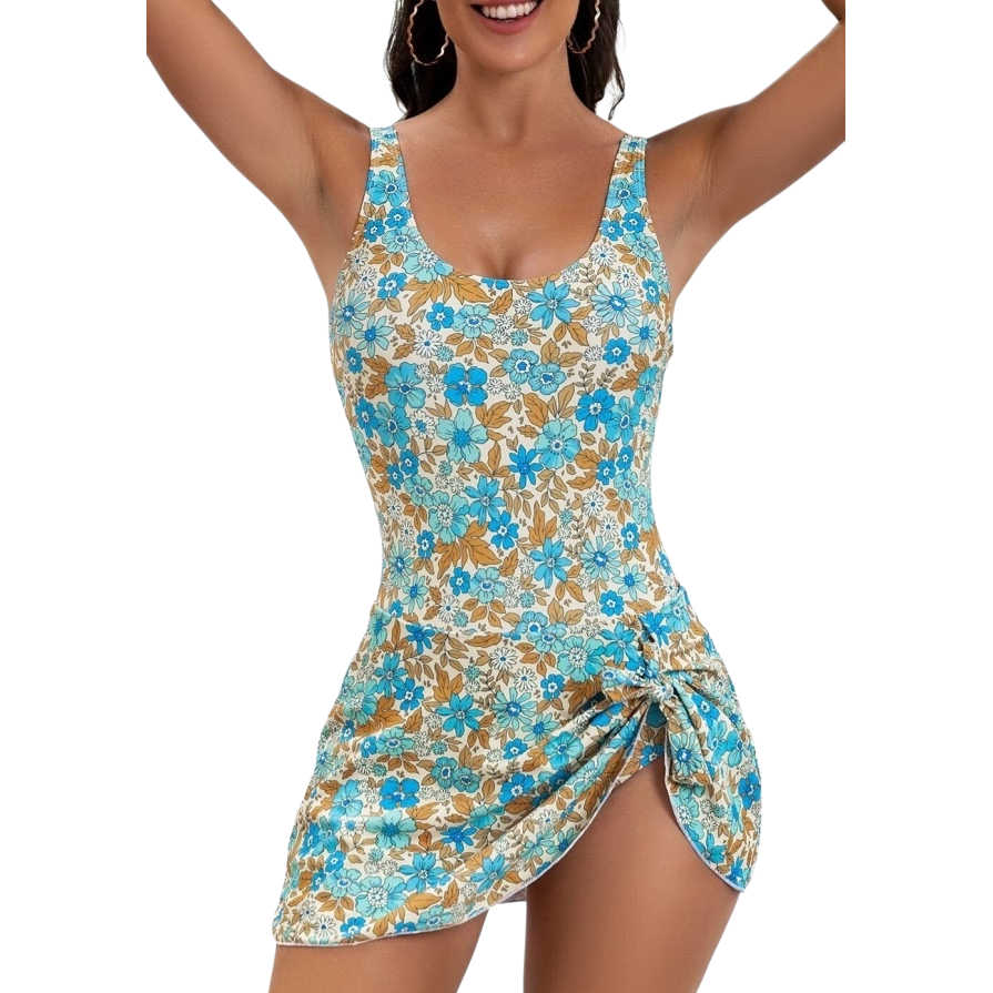 Blue, white and brown floral patterned one-piece swimsuit for women, quick-drying and chlorine-resistant swimsuit for seaside vacation Item Picture