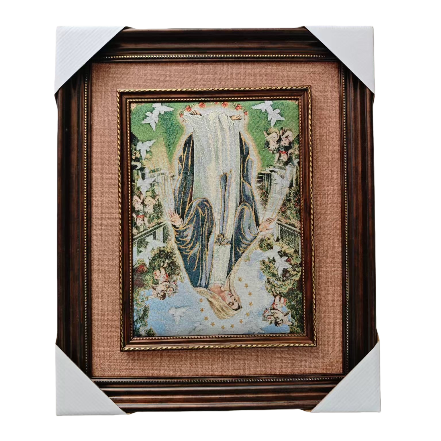 A dark brown carved picture frame tapestry with a decorative painting of the Virgin Mary on the wall Item Picture