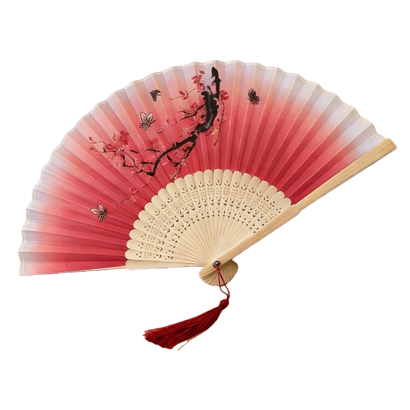 红色渐变樱花蝴蝶图案的木质折扇白底实物图