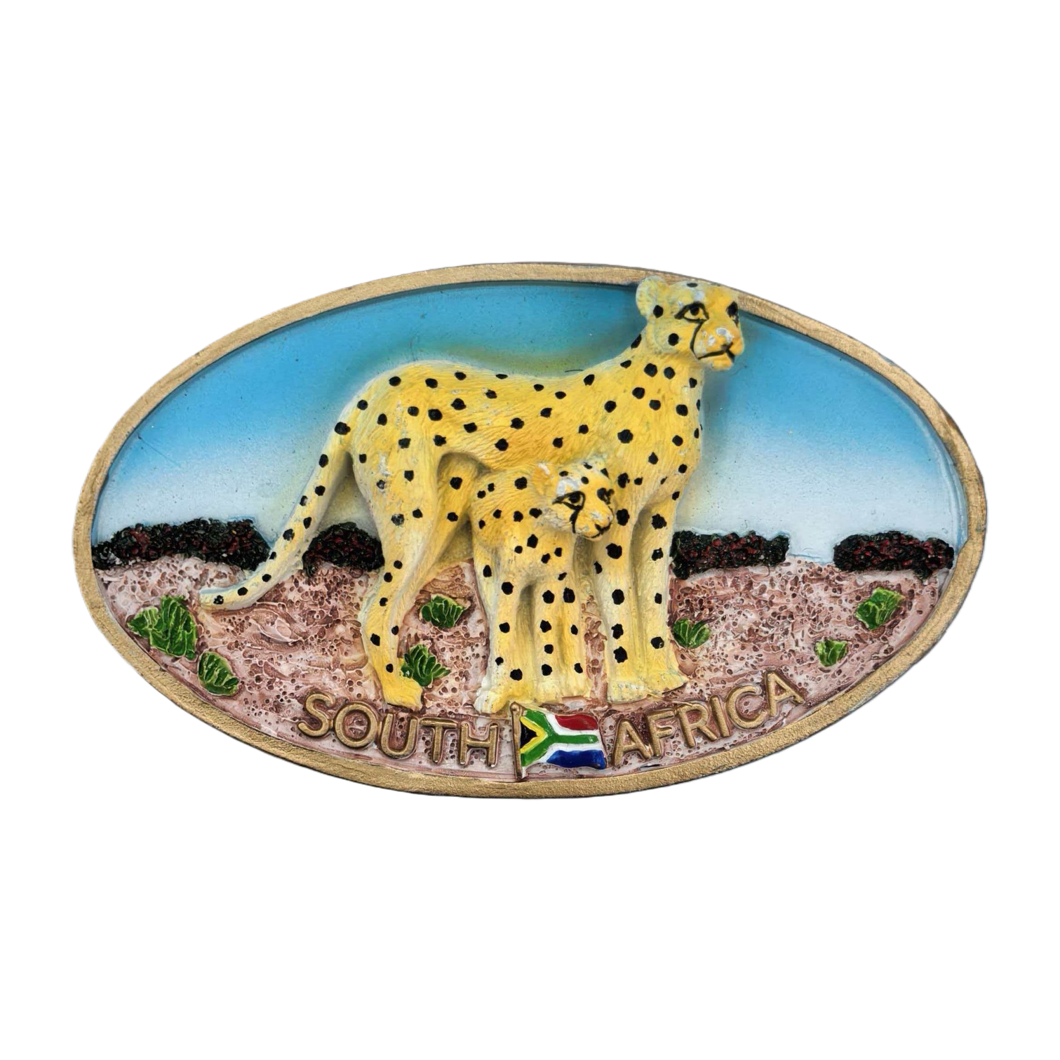 منحوتة الفهد الصفراء ذات الشكل البيضاوي البيضاوي مع علم جنوب أفريقيا وكتابة South Africa Item Picture
