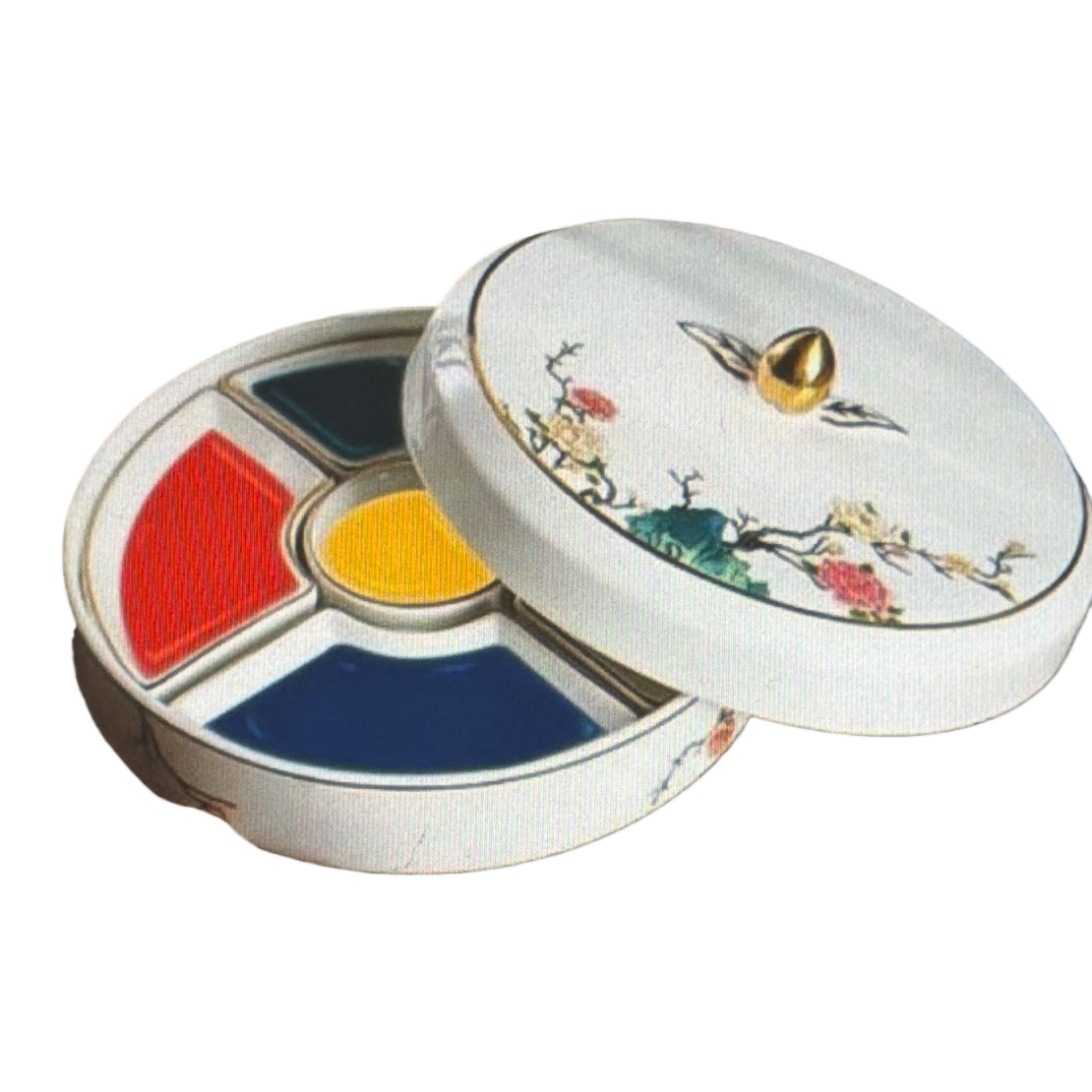 Blanco cerámico pintura floral paleta de colores con perilla superior dorada rojo amarillo azul pigmento tricolor con mesa de madera pincel pincel azul soporte pluma Item Picture