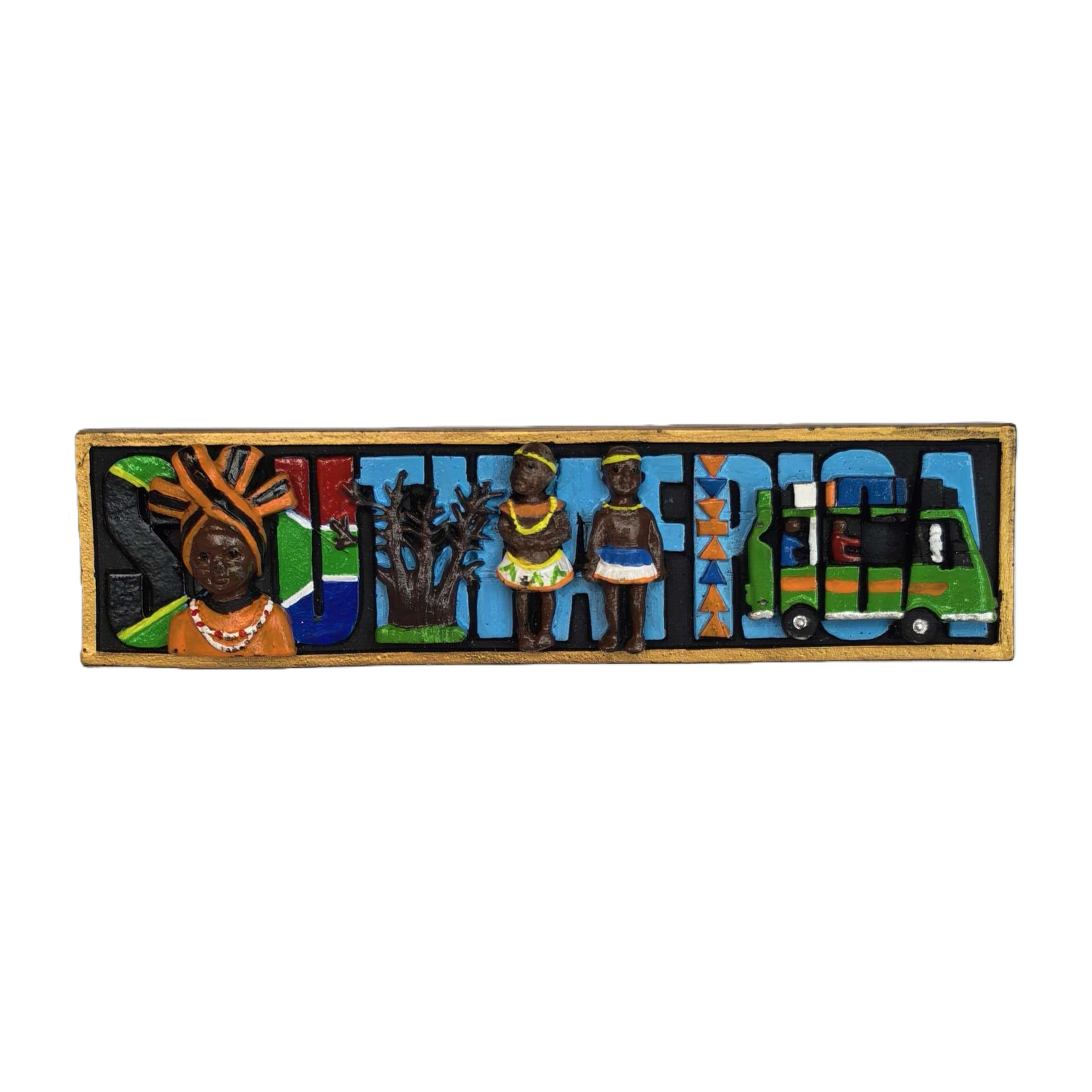 The colorful wooden South African decorative sign features three-dimensional elements of figures, trees and taxis Item Picture