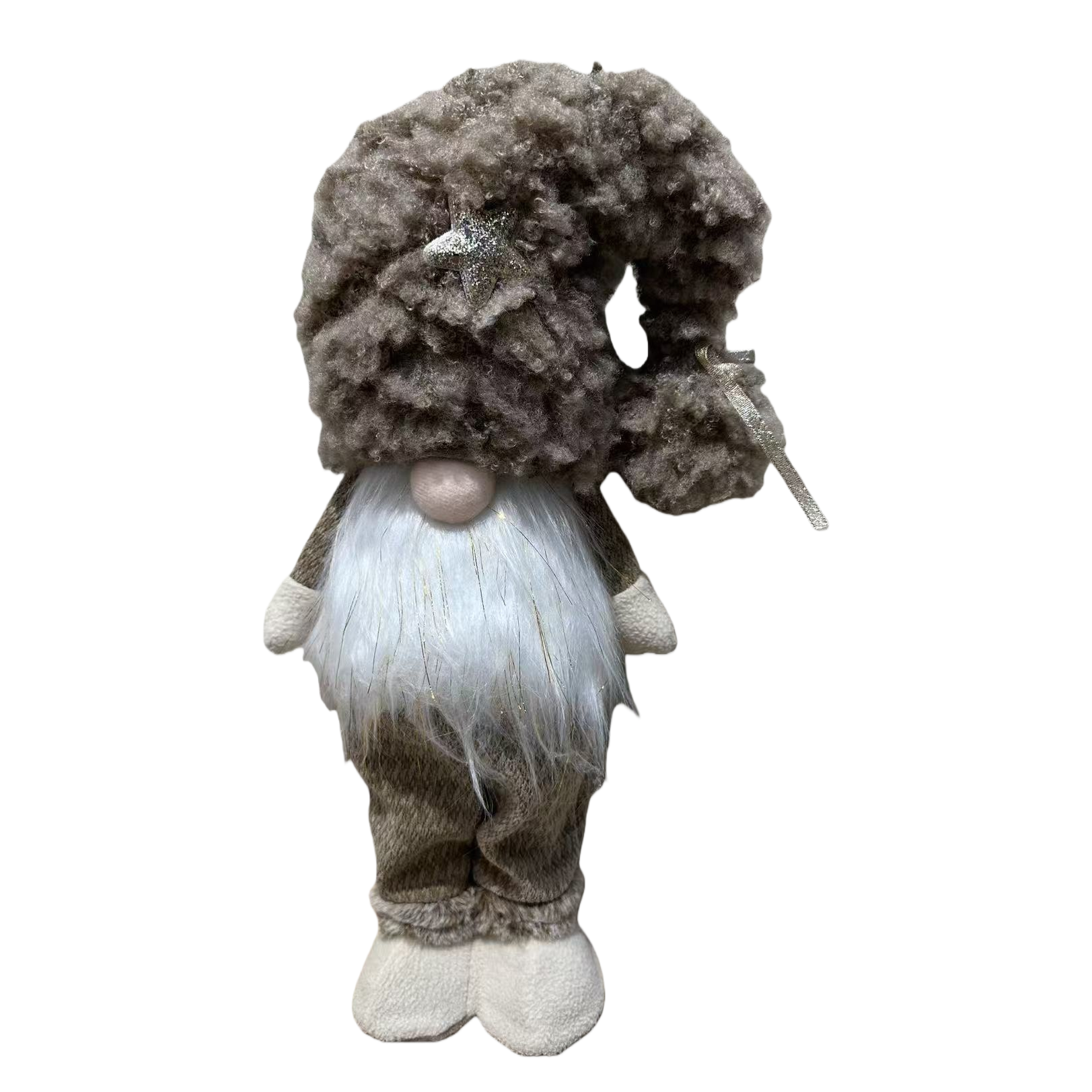 A Christmas grey curly Christmas dwarf doll with a silver star-decorated hat Item Picture