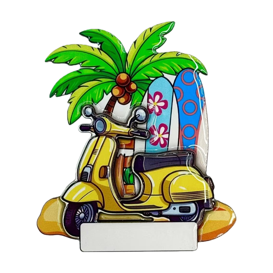 Colorful cartoon seaside theme tiles, yellow pedals, motorcycles, coconut trees, surfboards, beach elements Item Picture