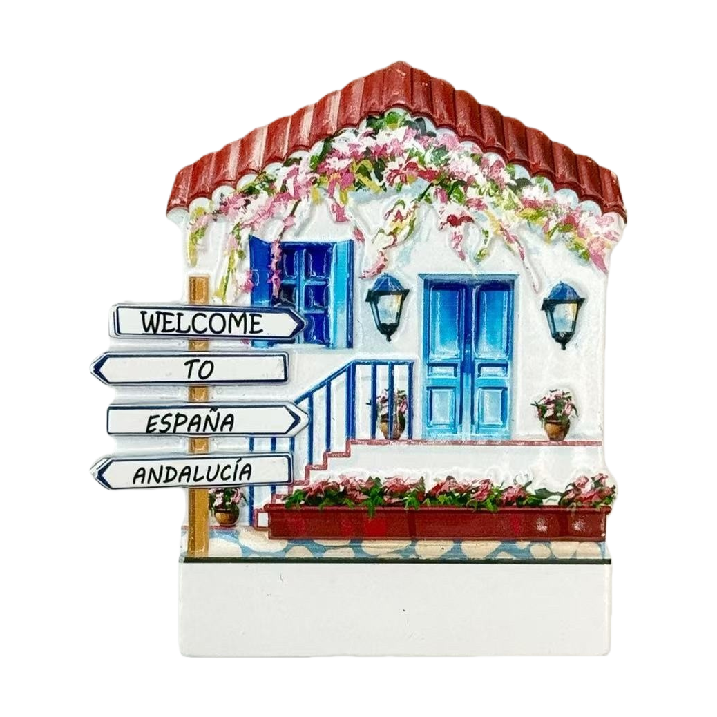Colorful house-shaped fridge magnets, blue doors and Windows, red roof, floral decorations, WELCOME TO ESPANA ANDALUCIA road signs Item Picture