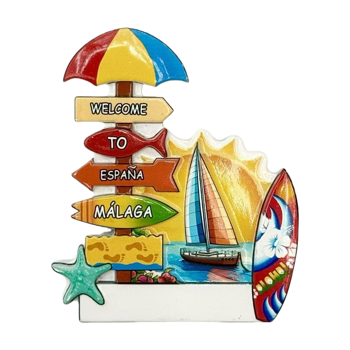 Colorful beach-themed tiles featuring sun umbrellas, signboards, sailboats, surfboards and starfish elements Item Picture