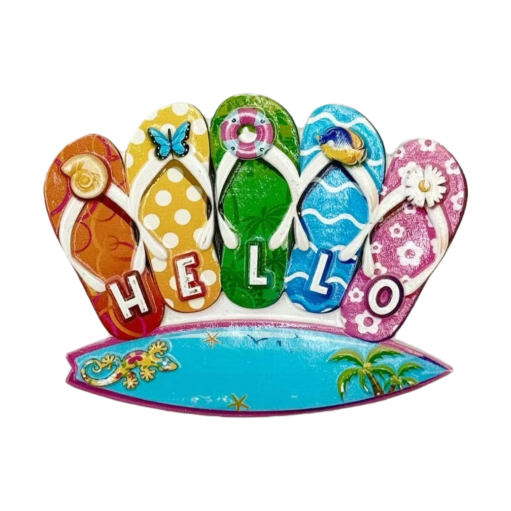 Creative home decoration with colorful flip-flops and HELLO surfboard base Item Picture