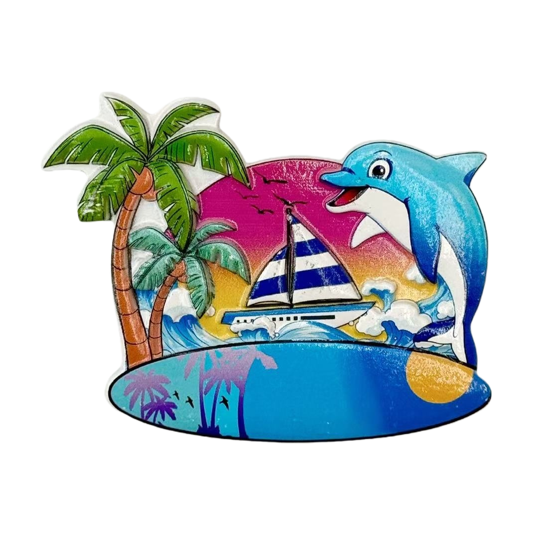 Delfín colorido vela palmera refrigerador pegatinas decorativas creativas para el hogar magnético succión pegatinas Item Picture