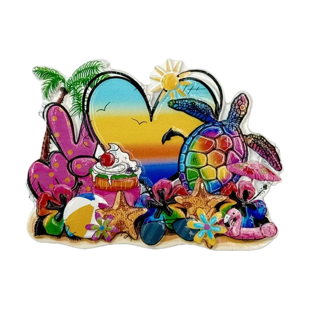 Colorful beach-themed tiles, turtle hearts, sunset, palm tree ice cream, stars, flamingos, flowers Item Picture