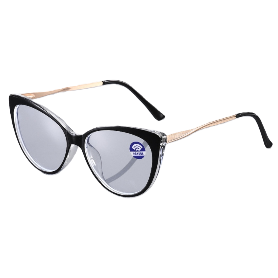 Black cat-eye glasses frame, golden metal nose bridge, temple, transparent lenses with blue anti-blue light label Item Picture
