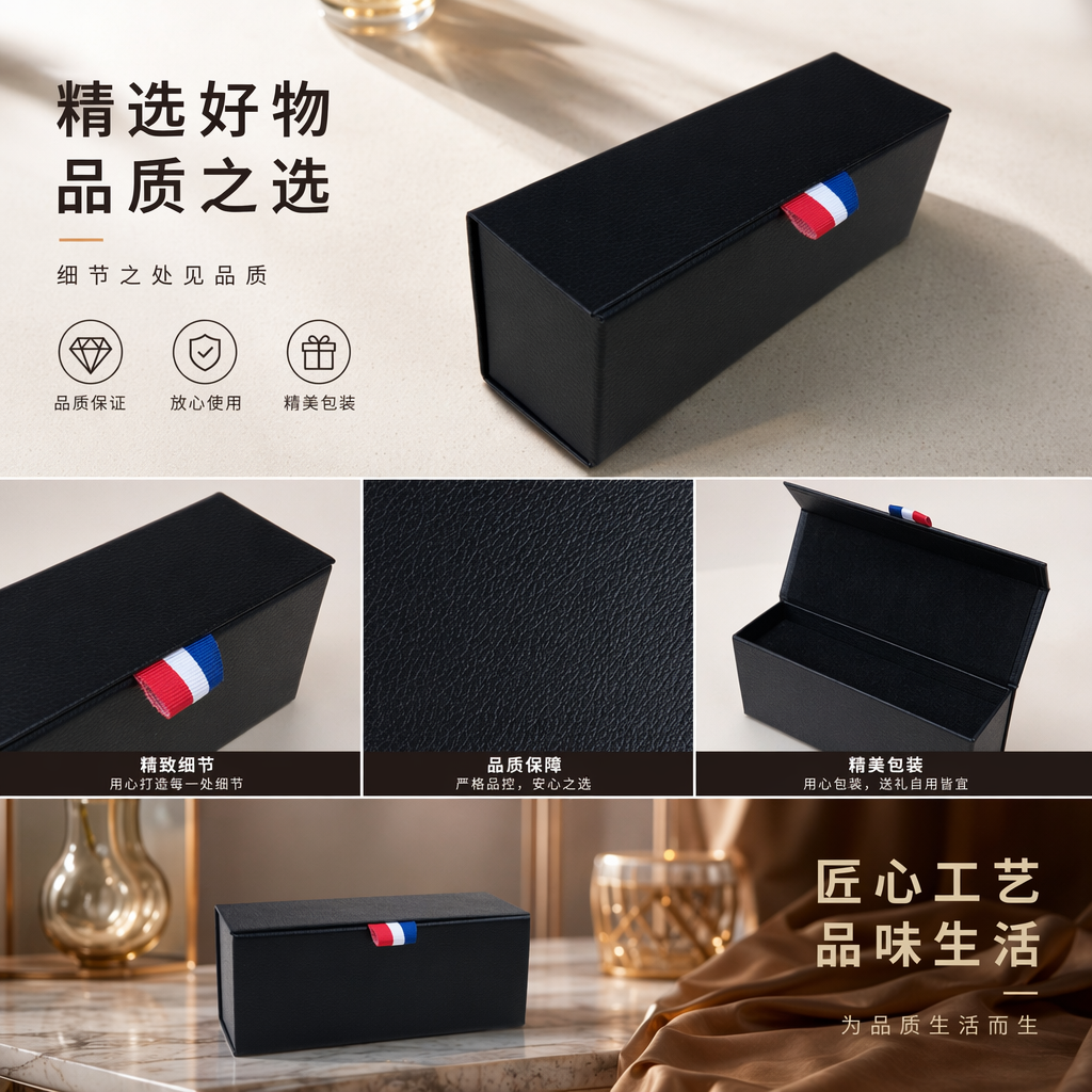 黑色长方形礼盒 侧面红白蓝三色丝带装饰详情1