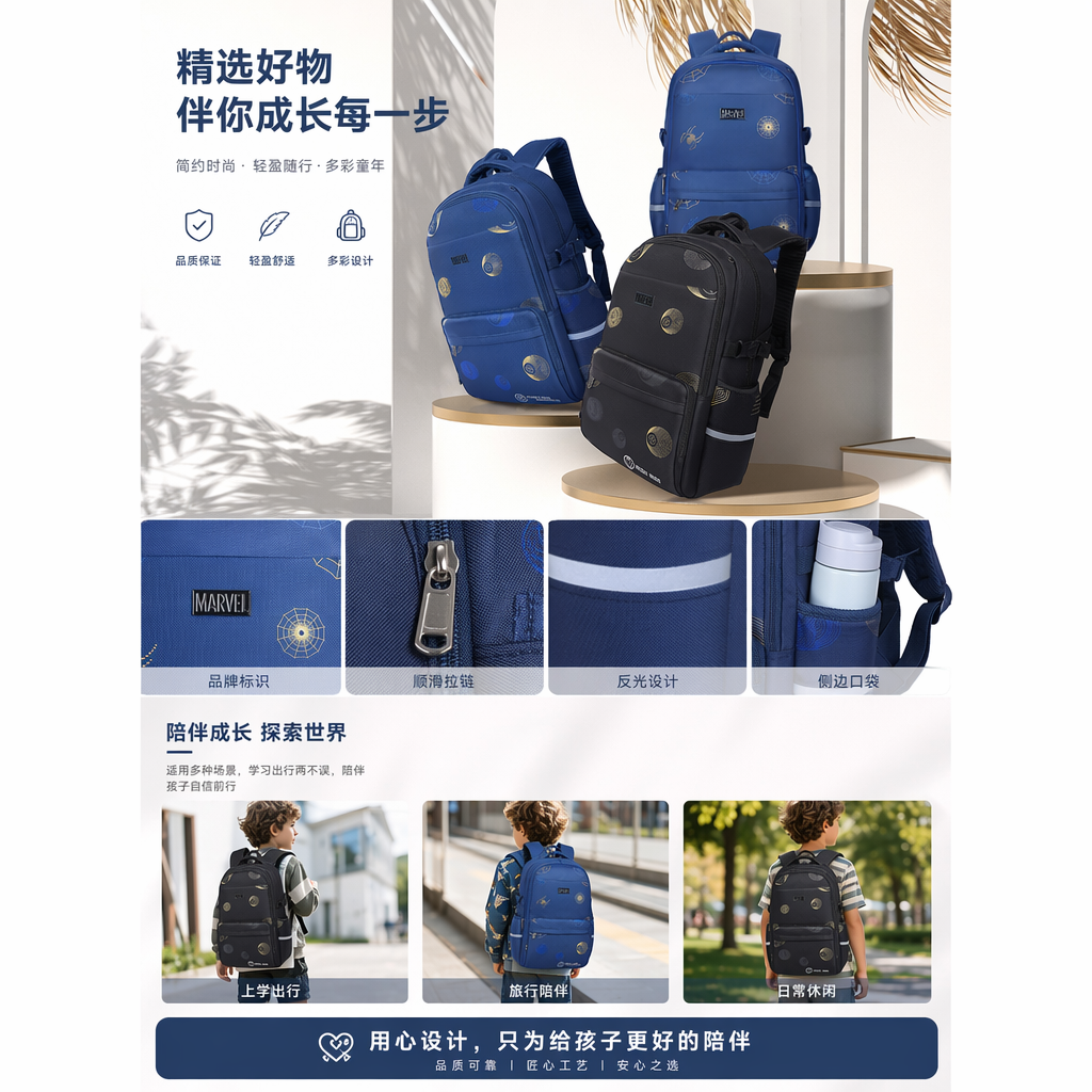 漫威蓝色黑色双肩背包男款旅行商务户外背包详情1
