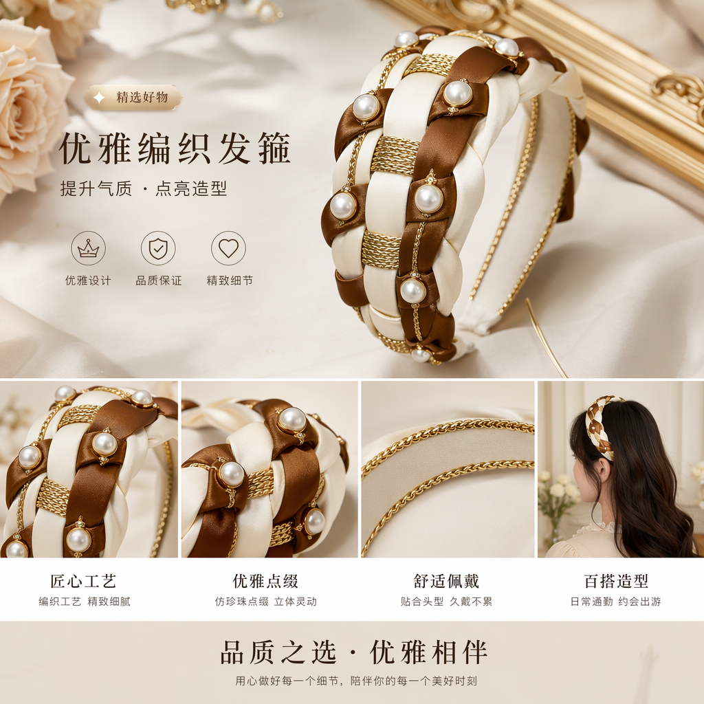 金色珍珠编织儿童汉服头饰发箍详情1