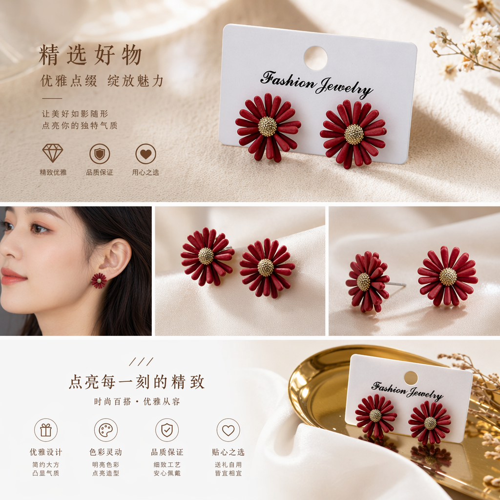 红色花朵耳钉 时尚简约女士耳饰 精致合金耳钉详情1