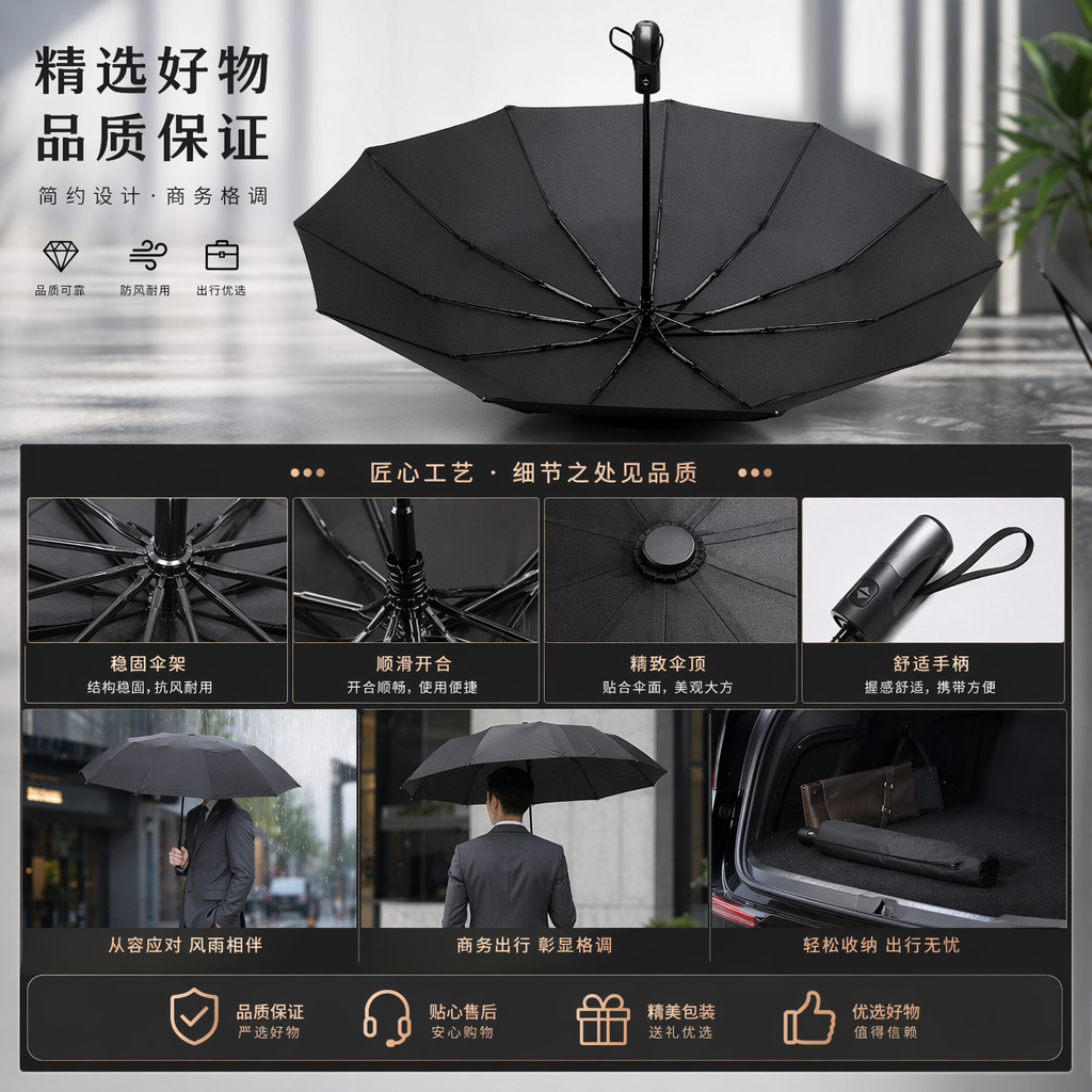 黑色全自动晴雨两用雨伞 防水防晒轻便折叠长柄详情1