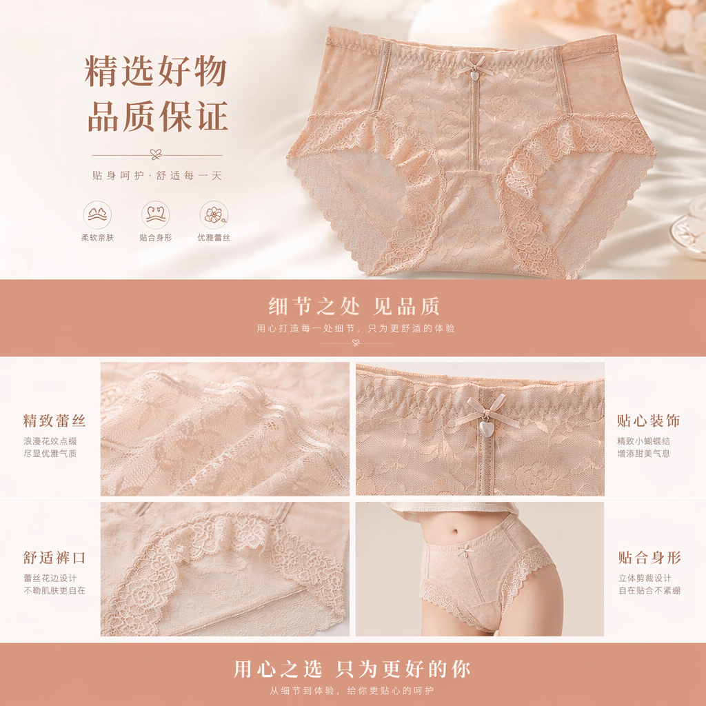 浅粉色蕾丝女士内裤纯棉透气舒适无痕小清新详情1