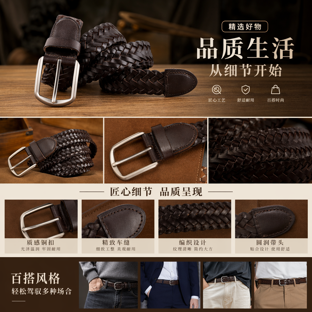 深棕色编织皮带 男士腰带真皮自动扣休闲商务详情1