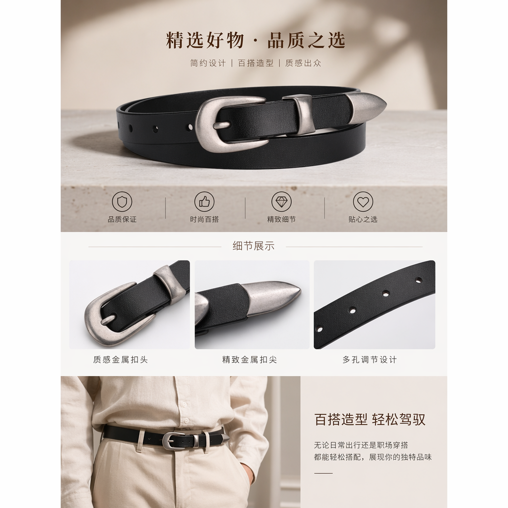 黑色皮带 银色金属扣 男士简约商务腰带详情1