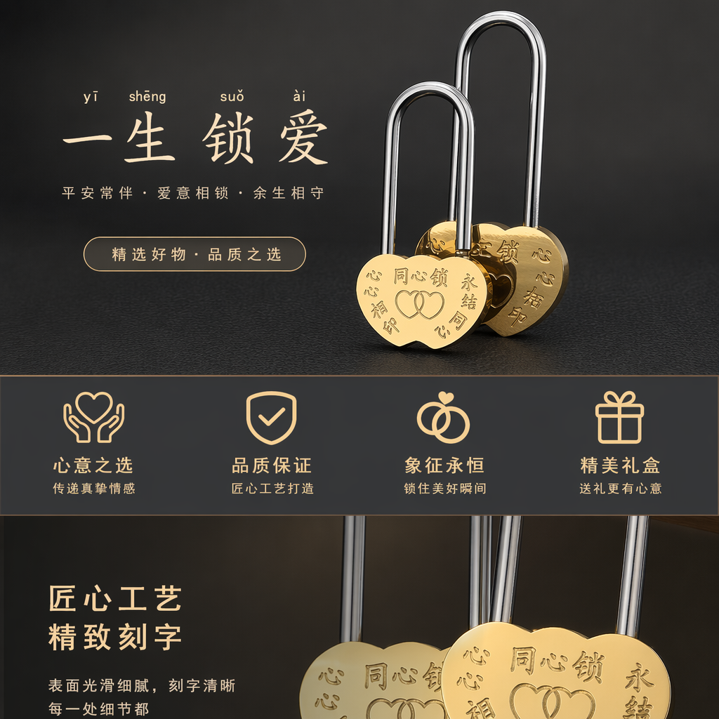 金色心形锁 钥匙扣情侣饰品金属挂件时尚百搭详情1