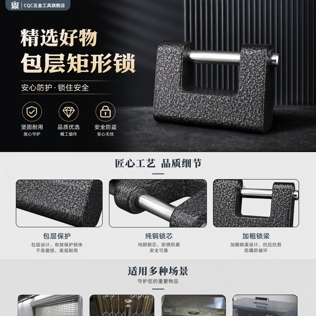 黑色包层矩形锁 防撬防盗挂锁 家用办公门锁 金属加厚锁具详情1
