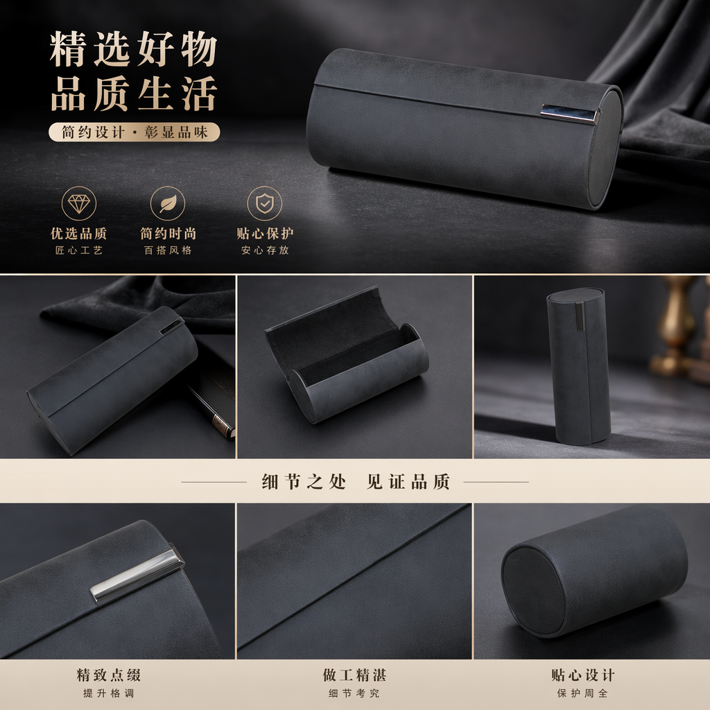 黑色圆柱形眼镜盒 便携防压近视眼镜收纳盒详情1