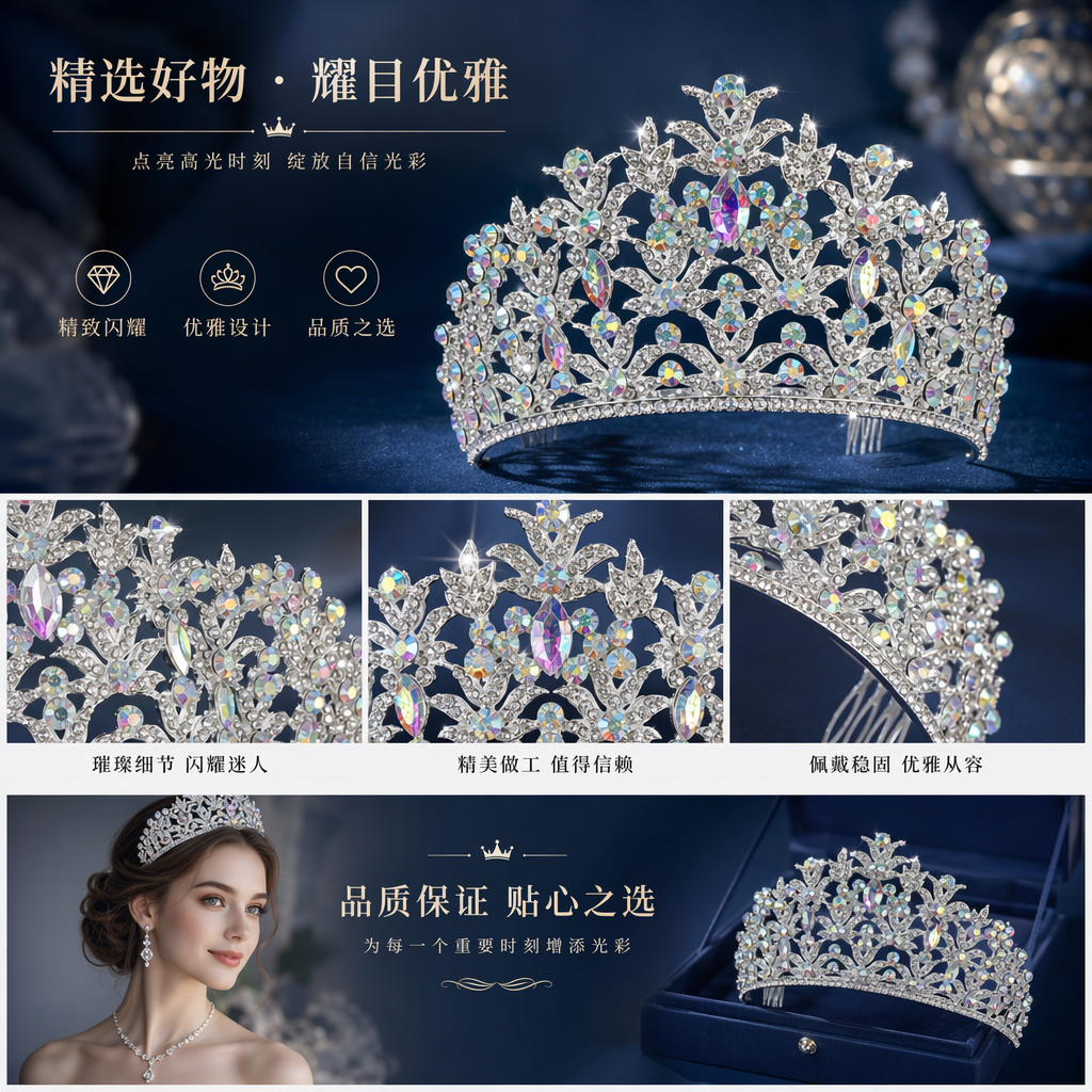 银色镶钻平面王冠饰品 舞台婚礼拍照配饰详情1