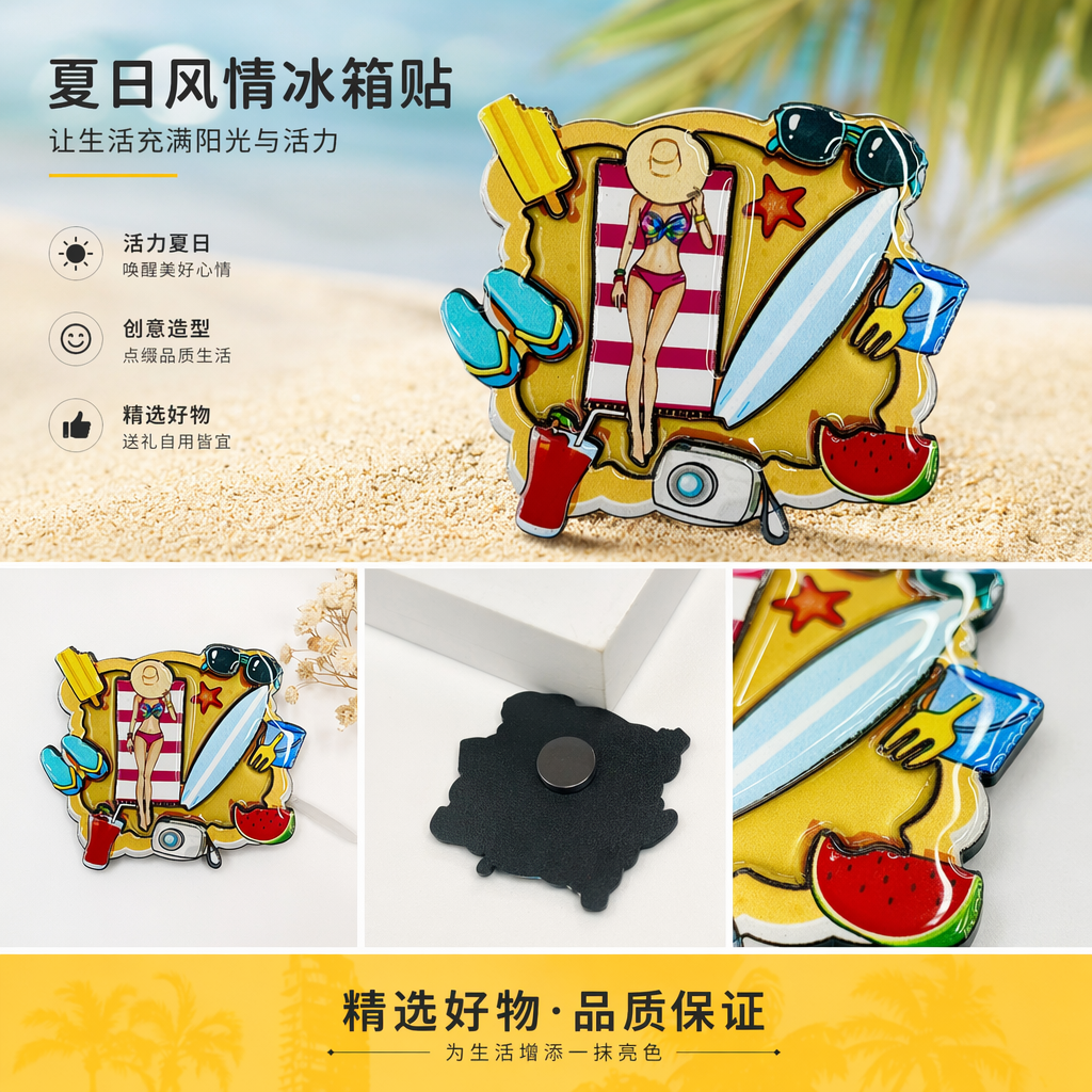 彩色沙滩主题磁贴 比基尼女性躺条纹毛巾 冲浪板太阳镜西瓜水杯相机夏日元素详情1