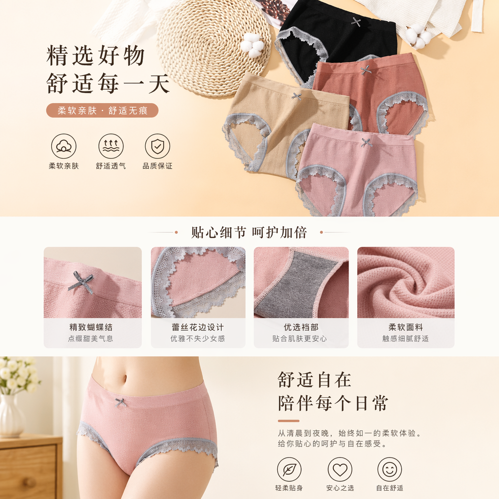 彩色蕾丝边女士内裤 纯棉透气舒适贴身小清新风格详情1