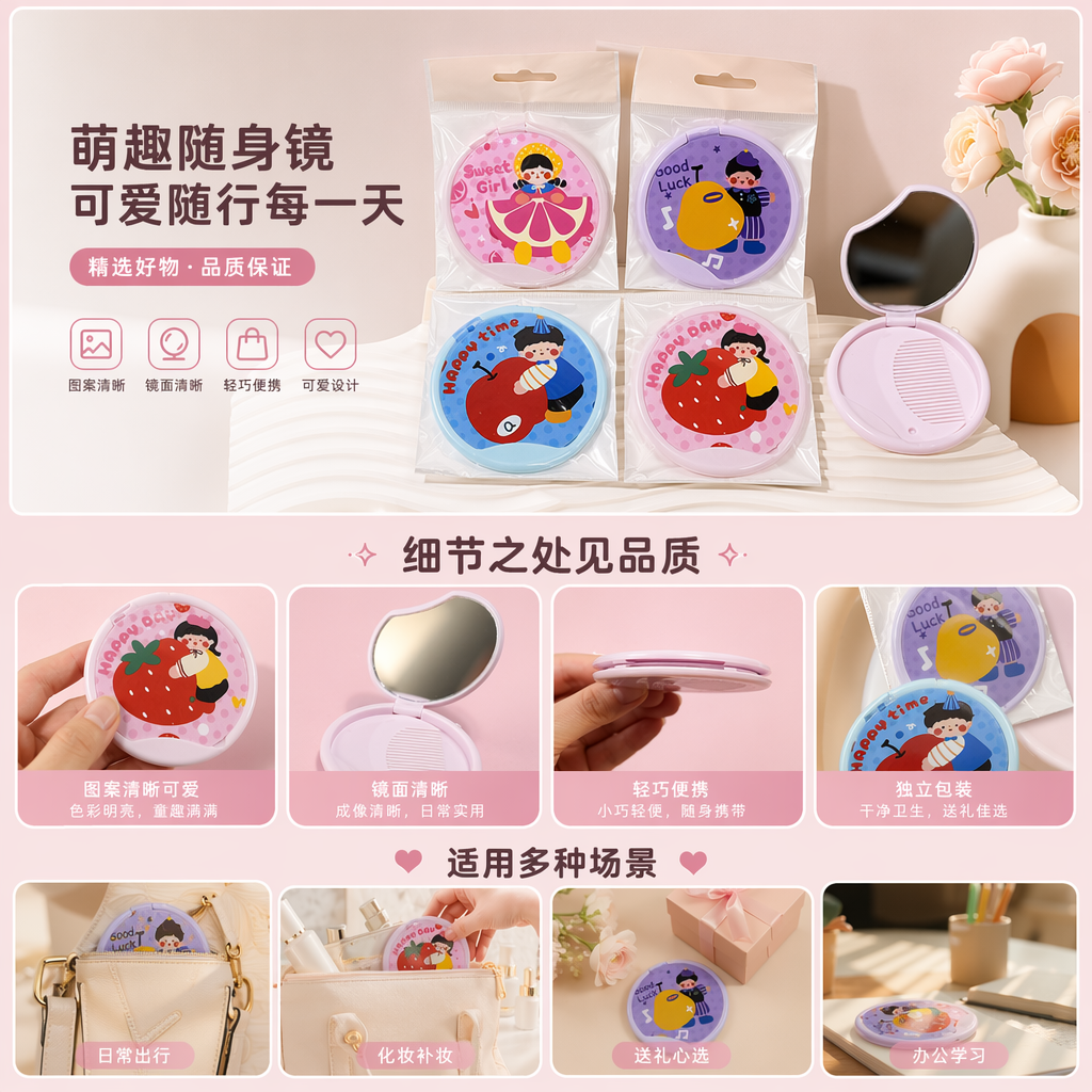 粉色卡通便携镜盒 甜心女孩好运梨子快乐时光苹果幸福日草莓四款镜面配粉色带梳子镜盒详情1