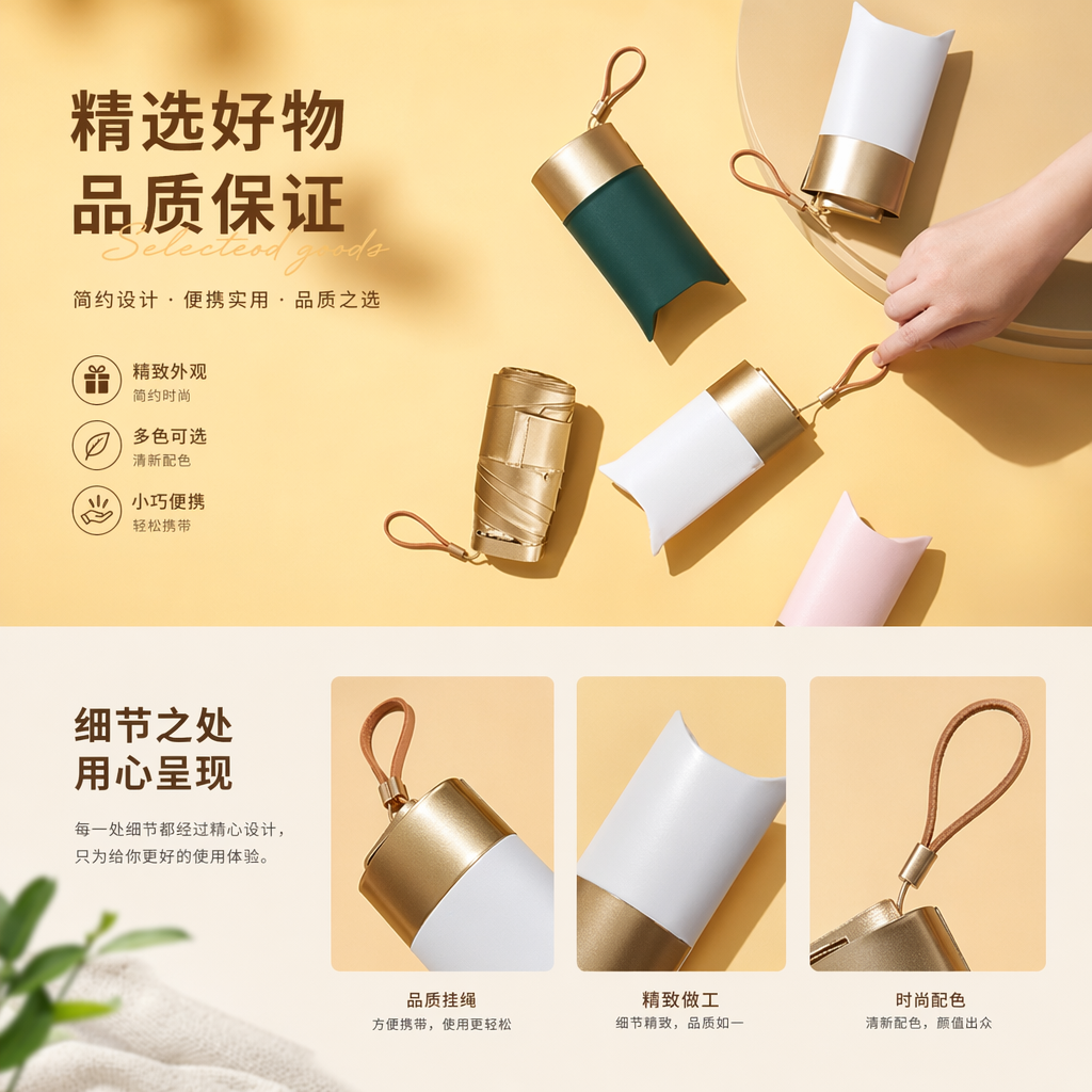 金色白色相间便携折叠伞带挂绳金属底座暖色背景详情1