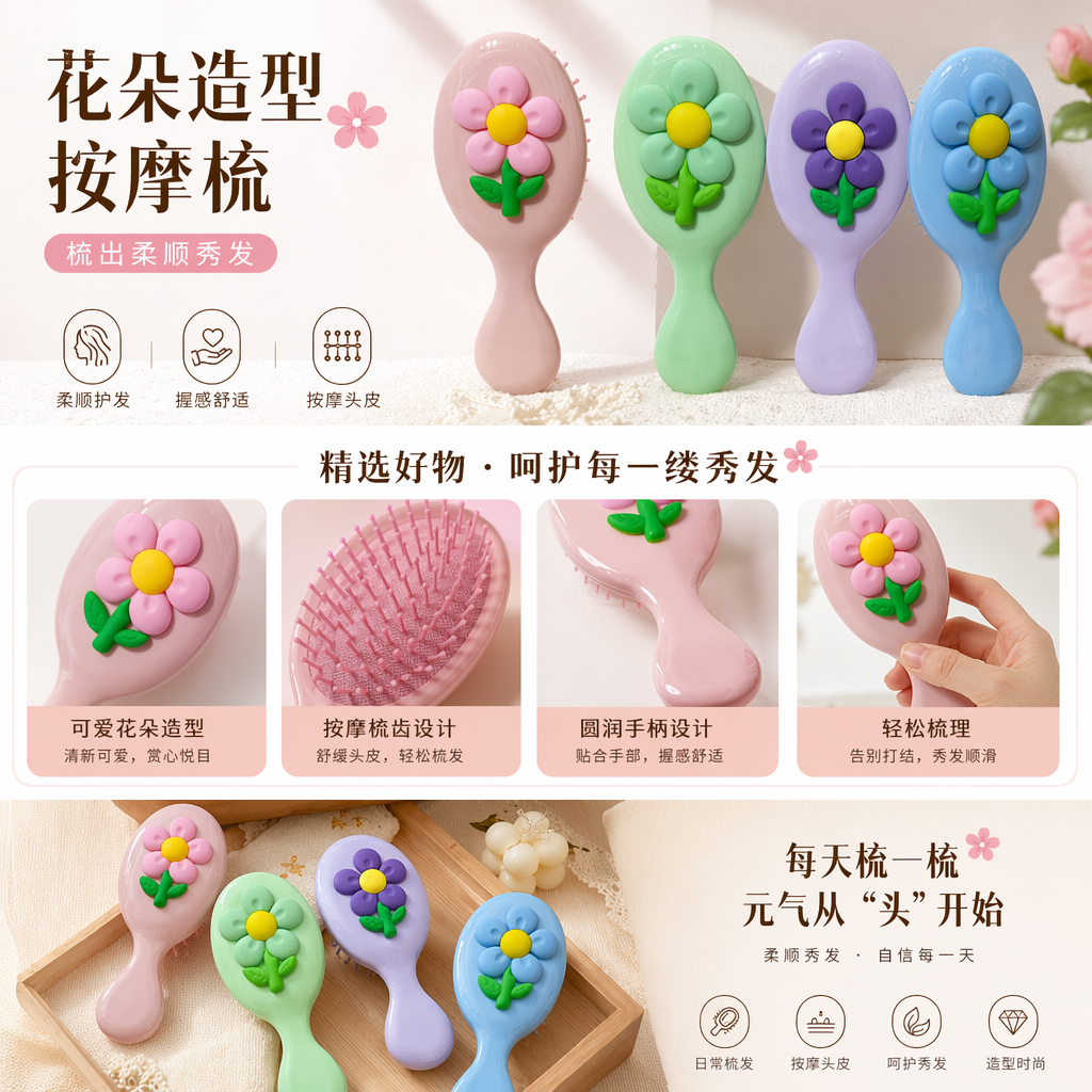 彩色花朵造型梳子 甜美少女心发梳 日常梳头按摩梳详情1