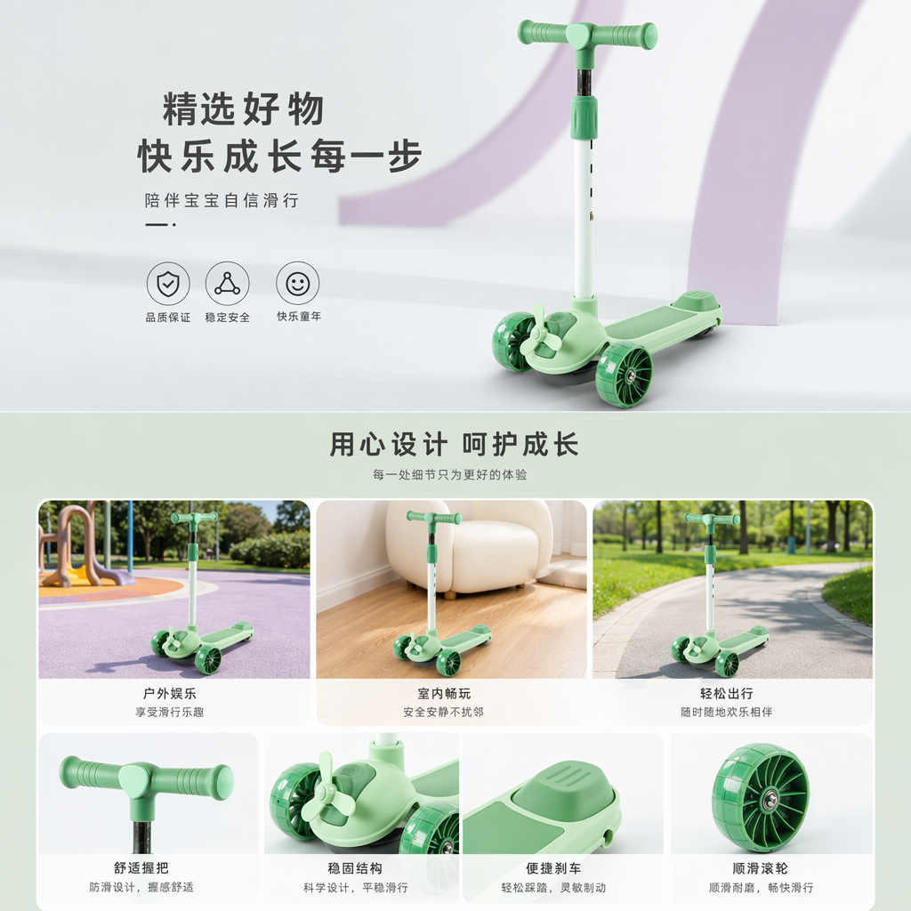 绿色儿童滑板车3-12岁可调节高度轻便折叠安全防滑详情1