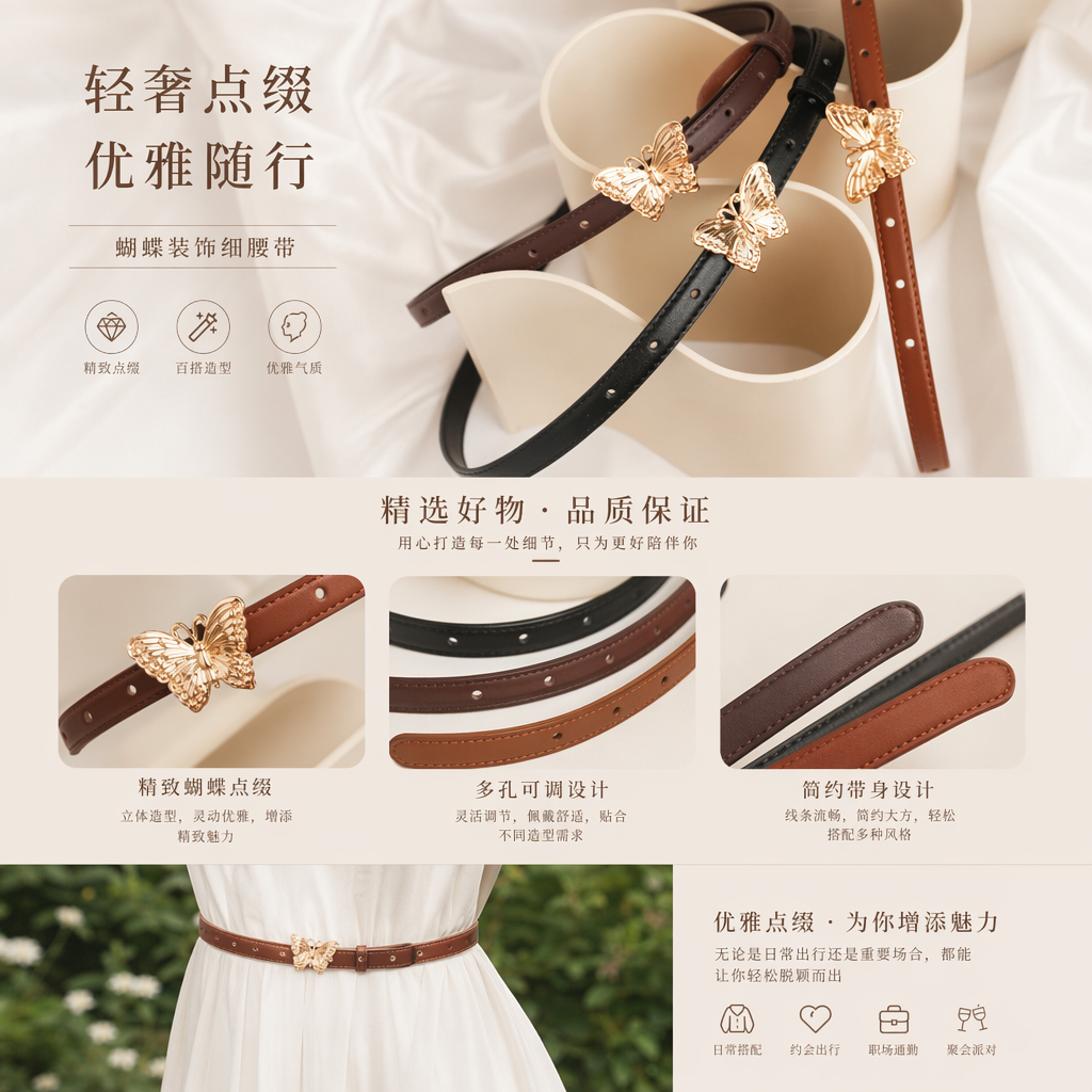 金色蝴蝶装饰女士皮带 时尚百搭腰带详情1