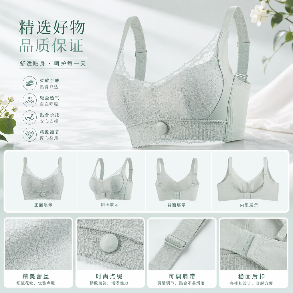 浅绿色蕾丝文胸女无钢圈聚拢调整型内衣详情1