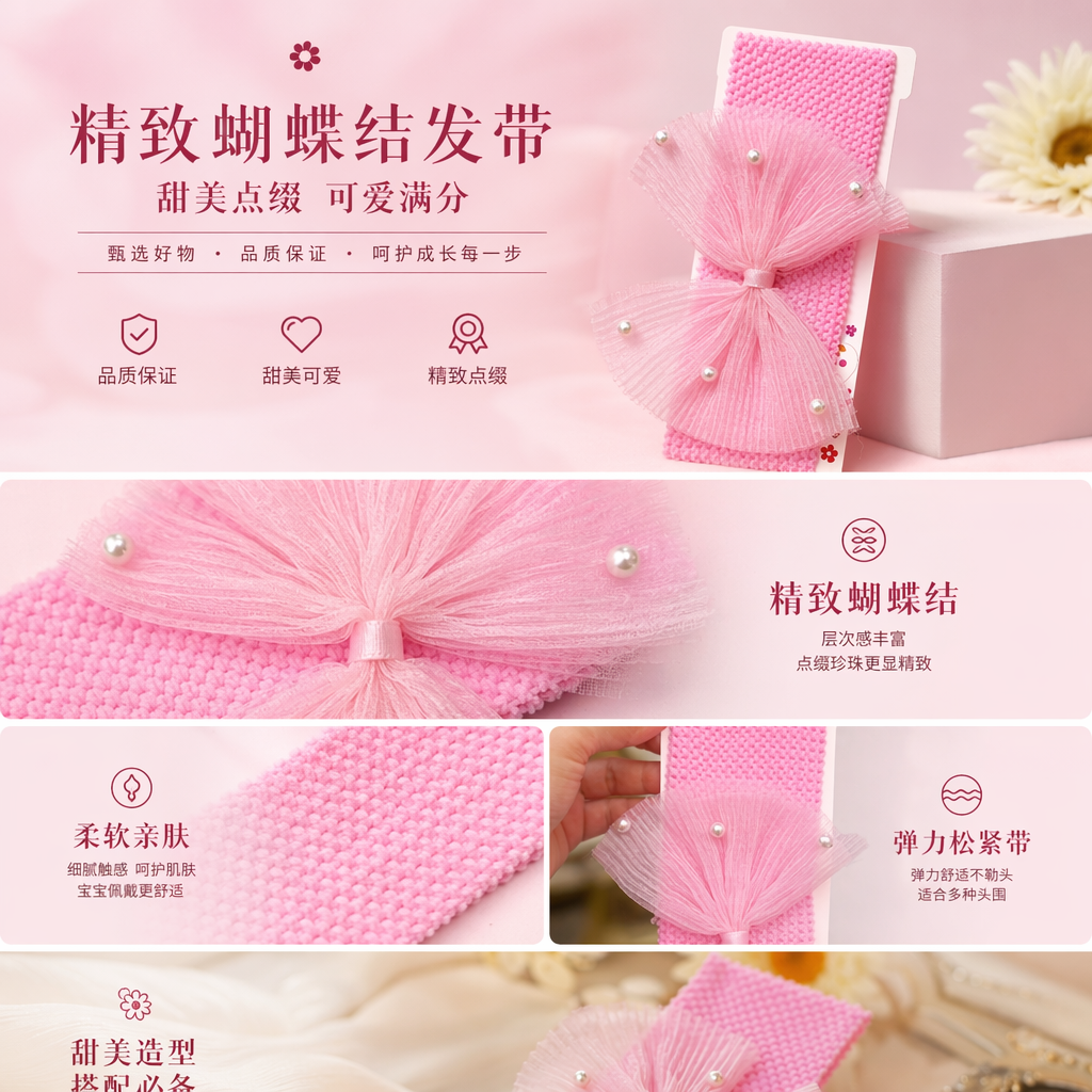 粉色蕾丝蝴蝶结发带 女士甜美头饰 宽边松紧调节详情1