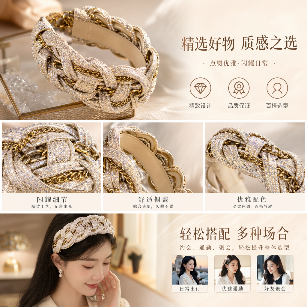 金色亮片编织链条儿童汉服头饰发箍头箍详情1