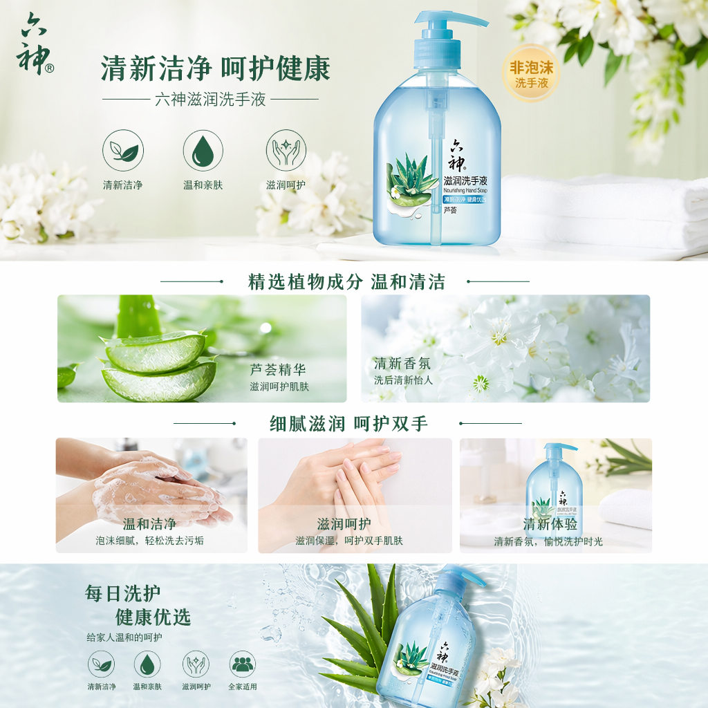 蓝色按压瓶装洗手液 温和洁净抑菌泡沫丰富家庭装详情1