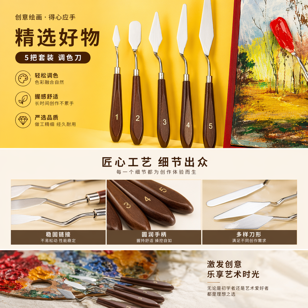 五把金属刮刀套装 深棕色木质手柄 黄色背景红色画框详情1