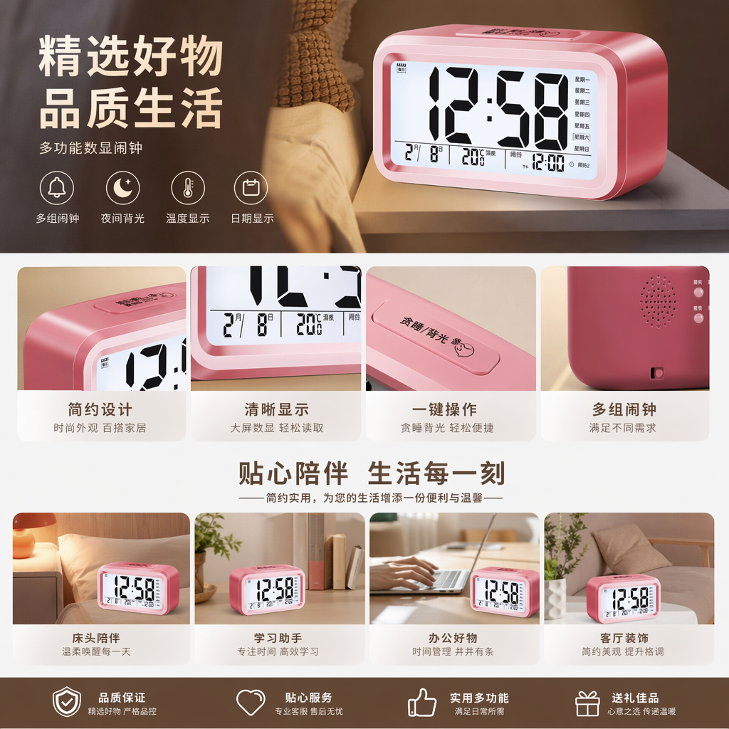 粉色充电款电子闹钟 闹铃静音可调 LED大屏夜视详情1