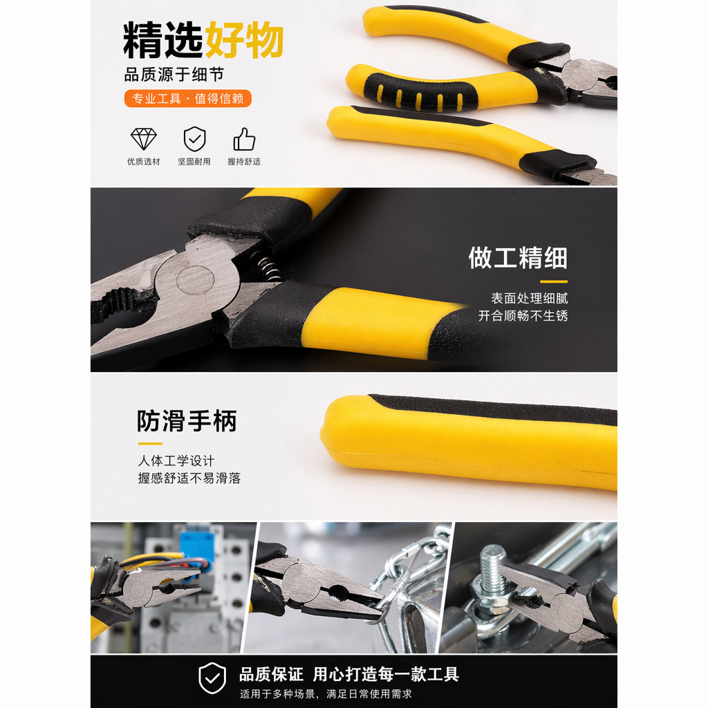 黄色黑色手柄钳子家用多功能钢丝电缆剪切工具详情1