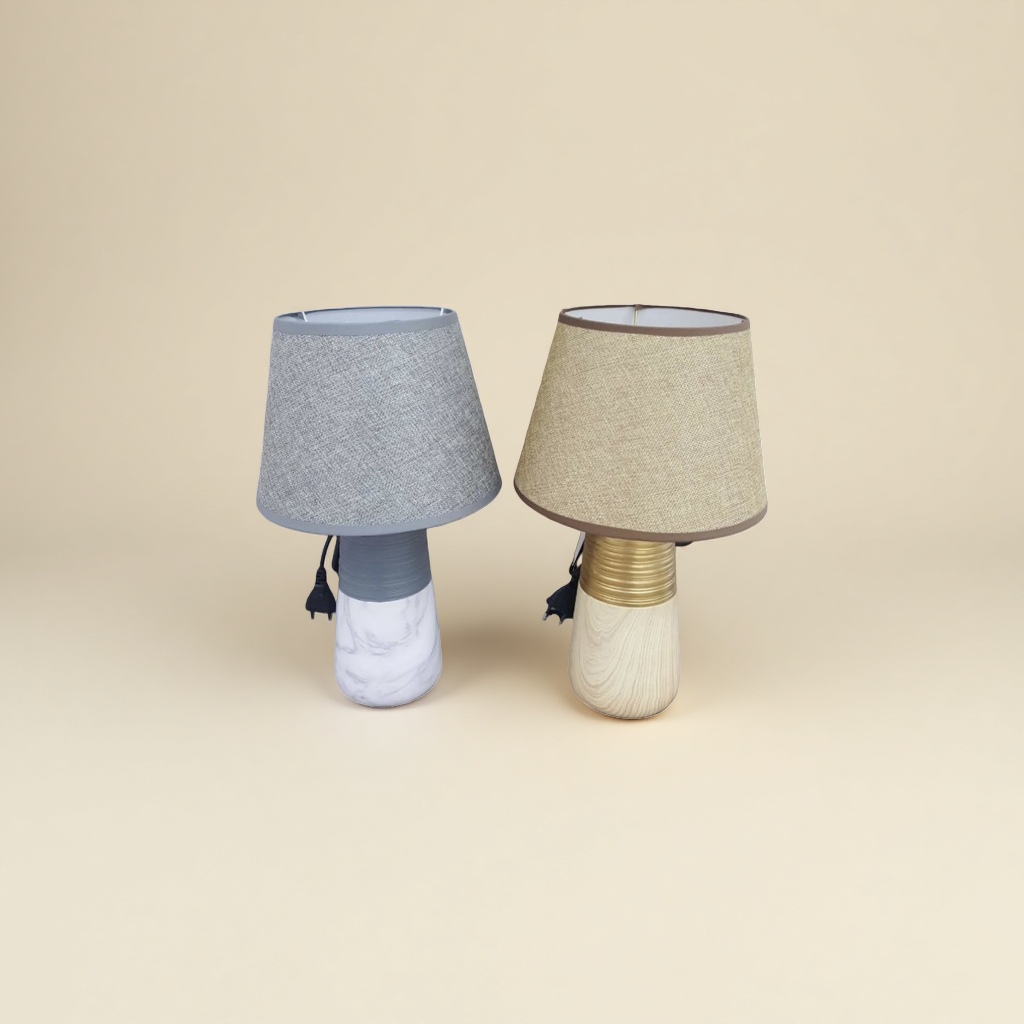 Grey lampshade, white marble base desk lamp, beige lampshade, wooden base, golden ring decoration desk lamp Specification image