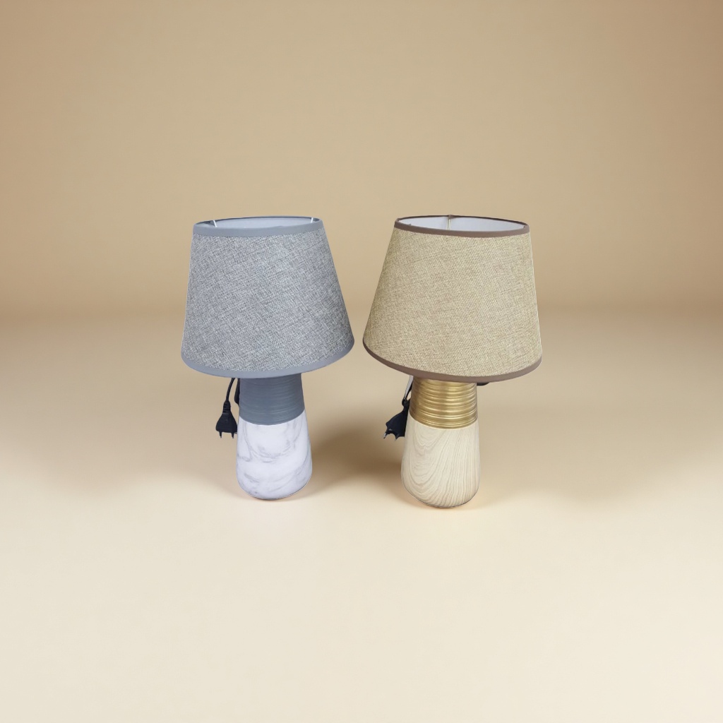 Grey lampshade, white marble base desk lamp, beige lampshade, wooden base, golden ring decoration desk lamp