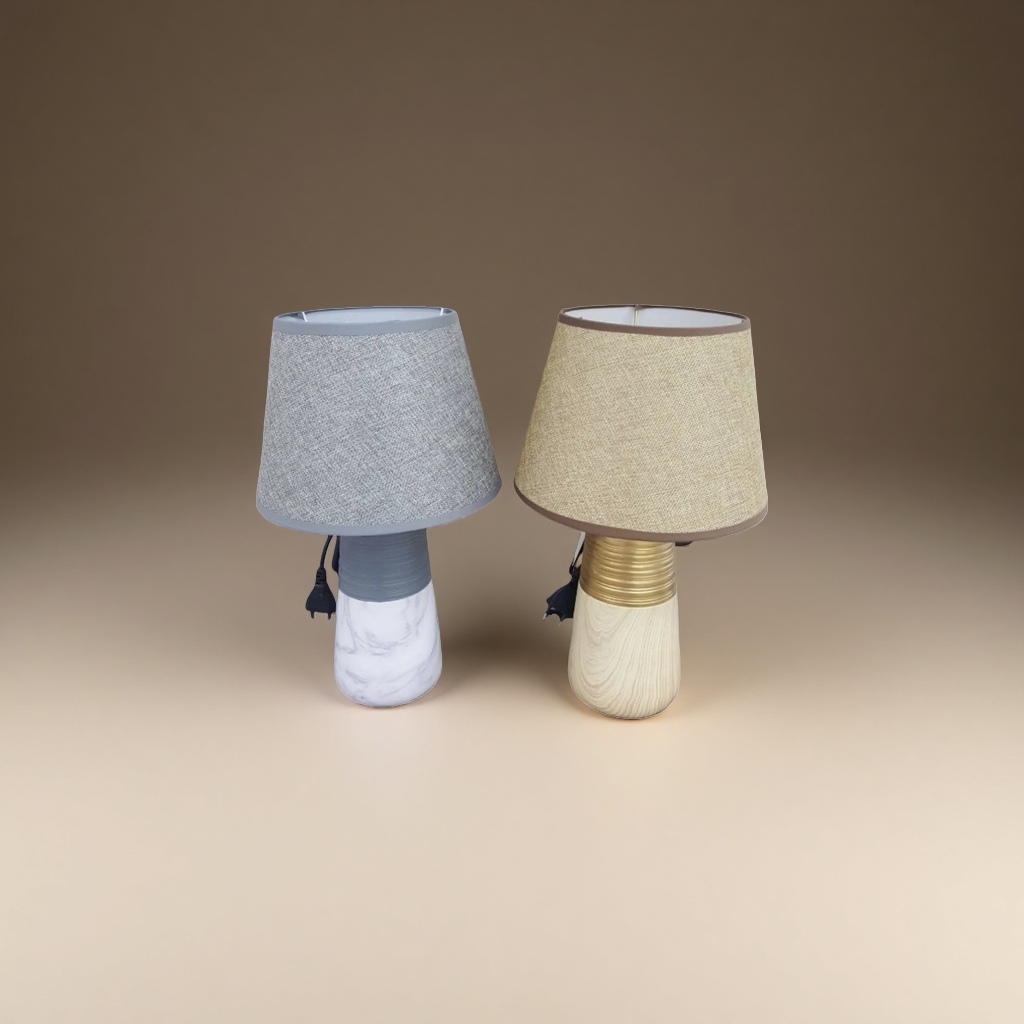 Grey lampshade, white marble base desk lamp, beige lampshade, wooden base, golden ring decoration desk lamp details Picture